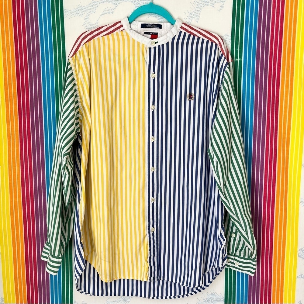 VINTAGE TOMMY HILFIGER colorblock stripe grandad collar oxford button down large - Picture 2 of 12